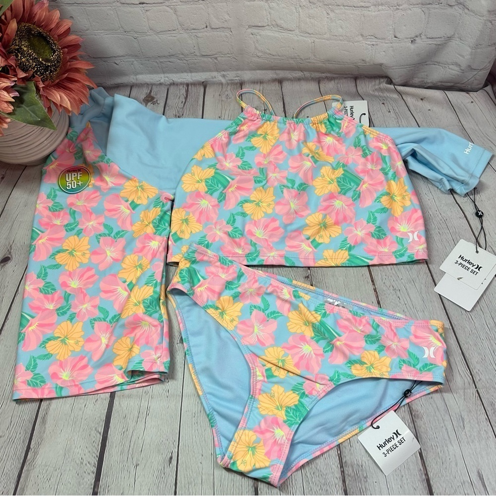 NWT Hurley 3 pc Rashguard bikini Swim Set sz girls 16 tropical floral beach surf